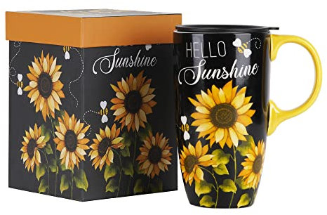 DUSVALLY Ceramic Mug Large Coffee Cup Tall Mugs Porcelain Latte Tea Cup with Lid 17oz,Sunflower