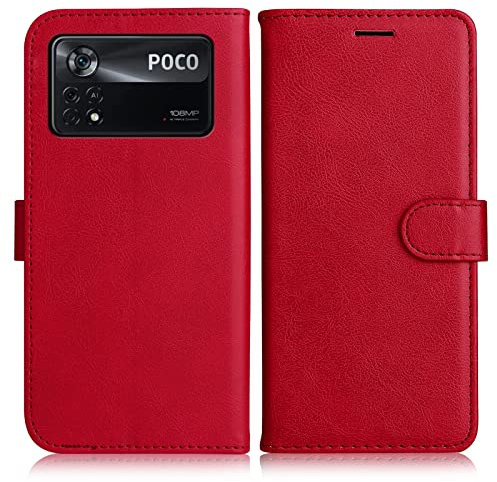 DENDICO Coque pour Xiaomi Poco X4 Pro 5G, PU en Cuir Coque Portefeuille Étui Housse, Design Classique TPU Coque pour Xiaomi Poco X4 Pro 5G, Rouge