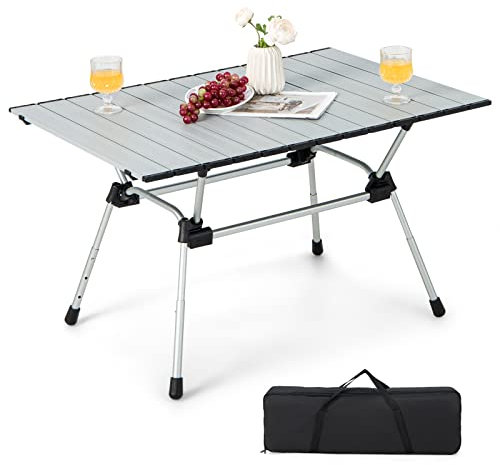 COSTWAY Campingtisch faltbar, höhenverstellbarer Falttisch mit Aluminium-Tischplatte, Klapptisch Gartentisch mit aufrollbarer Tischplatte, inkl. Tragetasche, 90 x 60,5 x 52 cm (Silber)