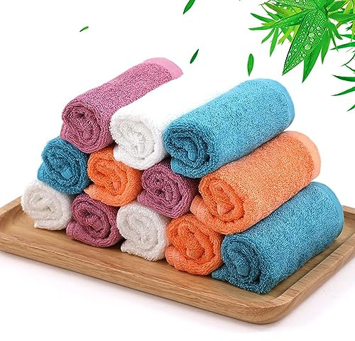 Natural Bamboo Dish Towels for Kitchen, Oil-resistant Dish Cloths for Washing and Drying Dishes, Super Absorbent Kitchen Towels, Quick Dry Reusable Cleaning Cloths (10x14 inch-Pack of 12, Multi)