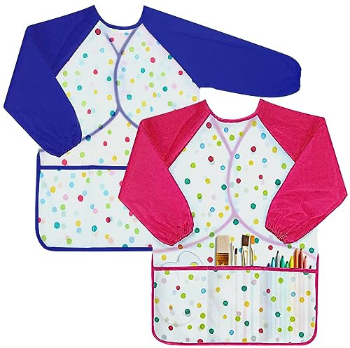 Malschürze Kinder 2 Stück Kinder Malkittel 2-8 Jahre für Mädchen/Junge, Wasserdicht Kinder Bastelschürze mit Ärmeln und 3 Taschen, Kinder Malkittel für Schule Kunst Malen Kochen Essen(Blau + Rosa)