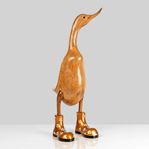 Rikmani - Holzfigur Ente Stiefel Gold GEBLÜMT 100% Natur Original - Handgefertigte Figur aus Holz 46 cm
