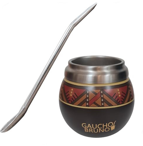Gaucho Bruno - Mate Térmico de Acero Inoxidable para Tomar Yerba Mate Fácil de limpiar Cómodo de sostener Mantiene la temperatura de la bebida Diseñado para parecer una calabaza natural Con bombilla