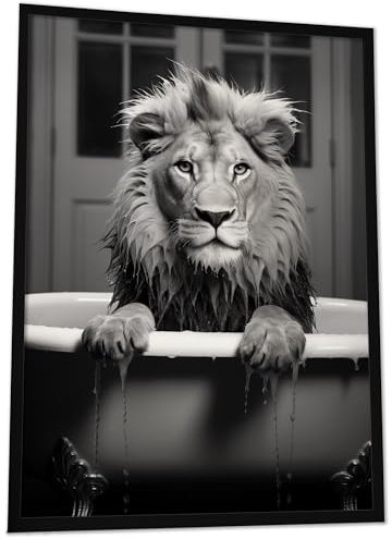 JUHMI Badezimmer Deko Bilder - Badewannen Tiere Wanddeko, Löwe DIN A3 (30x42 cm) - Bilder Schwarz Weiß WC Deko mit und ohne Rahmen