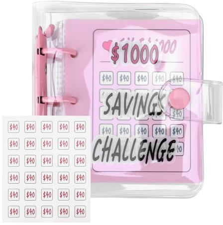 Marstey 1000 Mini Savings Challenge Binder, 11,4 x 10 cm Geld sparen Binder, Mini 25 Umschlag Challenge Binder Geld Sparen Brieftasche für Büros Zuhause Schule (Rosa)