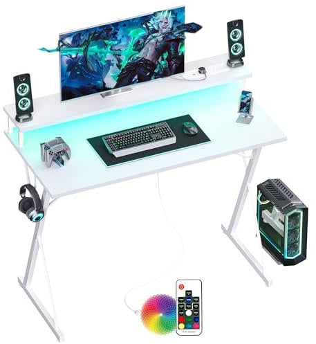 BEXEVUE Scrivania Gaming Ciabatta LED - 100x50cm Ergonomica Tavolo Gamer Computer, Grandi Supporto Monitor PC, Gancio per Cuffie, Scrivanie Moderno per Studio Gioco Lavoro Ufficio Casa Camera da Letto