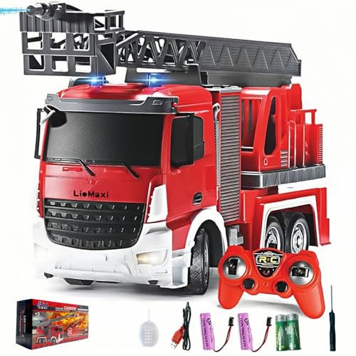 LioMaxi Échelle 1:24 télécommandée Jouet camion pompier, avec pompe pulvérisatrice d'eau, camion pompier radiocommandé avec échelle extensible et lumières, échelle rotative manuelle, rechargeable,