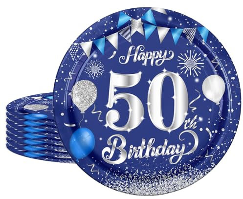 16Pcs Navy Blue 50th Birthday Paper Plates 9inch for Party Decorations - Tableware for Men's Dinner