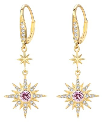 MEDWISE Stern Ohrringe Frauen 925 Sterling Silber Tropfen Ohrhänger Mit Gold Hell Pink Zirkonia Achtzackiger Hänge Schmuck für Frauen Tochter Damen