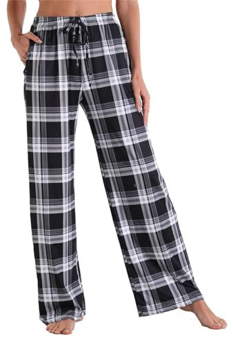 Bas de Pyjama Femme Long Pantalon de Pyjama à Carreaux Pantalon de Nuit Confortable Pantalon de Loisirs avec Taille élastique Ample Pas Cher Nightwear