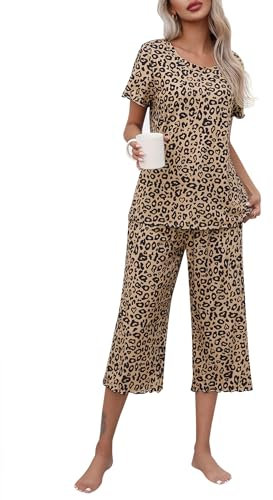 Ekouaer Schlafanzug für Damen Süß Druck Pyjama Kuschelhose O-Ausschnitt Pyjamas Set Leopard M