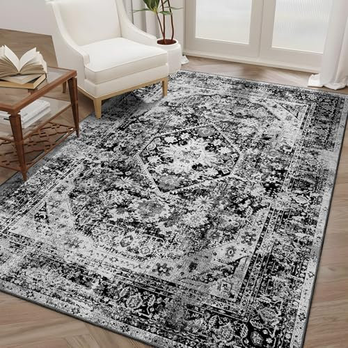 MUJOO Schwarzer Teppich, waschbar, Boho-Teppich für Schlafzimmer, Wohnzimmer, Nachttisch, Büro, rutschfester Überwurf, Teppich für Boden, weich, Schwarz und Weiß, Blumenmuster, 10,2 x 16,5 cm