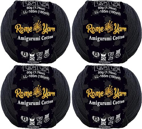 Rome Yarn Amigurumi Cotton Garn | #2 Fein Wolle | 50g | 50% Baumwolle, 50% Acryl | Strickwolle | Amigurumi Garn | Amigurumi Wolle | Babygarn für Stricken und Häkeln (4 Knäuel, 35 Schwarz)