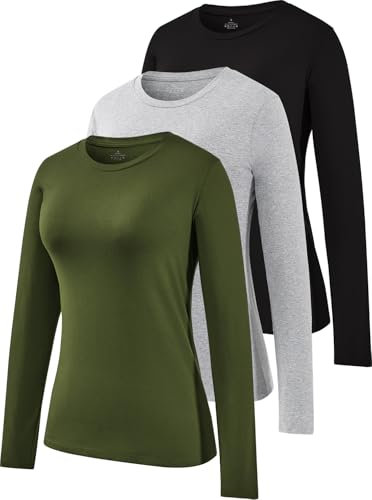 Ullnoy Long Sleeve Cotton Ladies Tops Crew Neck Basic Thermal Shirts Casual Solid Soft Workout Sweatshirt Pack of 3 Black/Grey/Army Green S