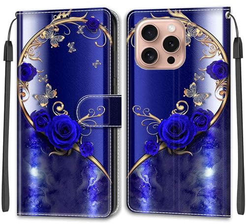 KENHONER Wallet Case for iPhone 16 Pro, blue rose | PU Leather Shockproof Protective, Kickstand, Flip Wallet, Magnetic Closure,Lanyard