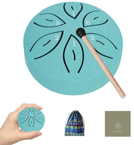TINGSING Regentrommel für Außengarten, 7,6 cm 6 Noten Stahlzungentrommel Regentrommel Handpan mit Stofftasche, Schlägel, Musikbuch, Musikinstrument für Erwachsene Geschenk, Seeblau