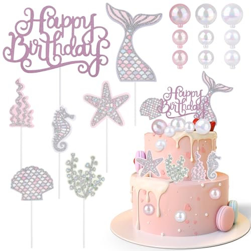 Tortendeko Geburtstag Set, 16 Stück Meerjungfrau Kuchen Deko, Meerjungfrau Tortendeko mit Rosa Kucheneinsatz und Tricolour Illusion Kugeln, Cake Topper Geburtstag für Deko Mädchen Geburtstagskuchen