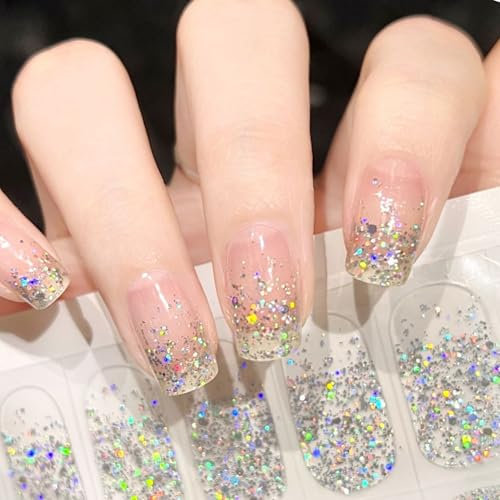 22 Pcs Gel Nail Stickers Glitter Semi Cured Gel Nail Strips, Strips Stickers Self-Adhesive, Full Wraps Strip Nails For Salon-Quality Manicure Set With Nails File