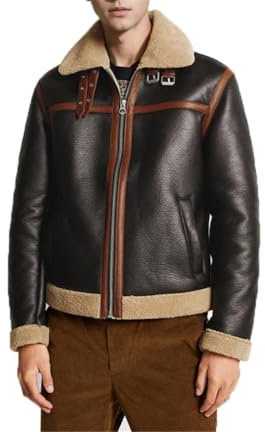 Vsadsau Herren Bomberjacke aus Leder, B3, Air-Force-Fliegerjacke, verdicktes Lammfell, dunkelbraun, 4XL