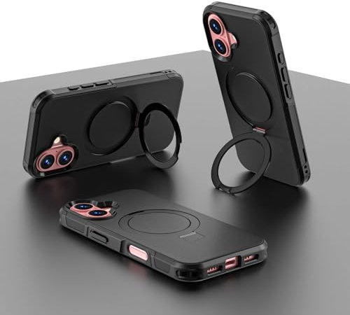 HGNOUA for iphone 16 Case Invisible Stand [12FT Military Shockproof ] [TOP N56 Magnets] [20W Fast Charging] Truly Completely Flat &Double layer protection Case iphone 16 6.1-Inch - Pstand Black