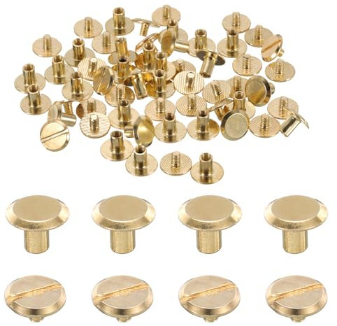 sourcing map Set di 30 viti Chicago M4 x 6 mm, in metallo, con testa scanalata, rivetti a chiodo, rivetti per fai da te, cintura, borsa, artigianato, rilegatura, color oro