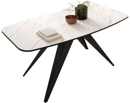 Mirjan24 Tisch für Esszimmer Fuzrikt, Rechteckiger Esstisch, Praktischer Auszugstisch, Küchentisch, Esszimmertisch, Ausziehtisch (Schwarz/Bianco Marmor)