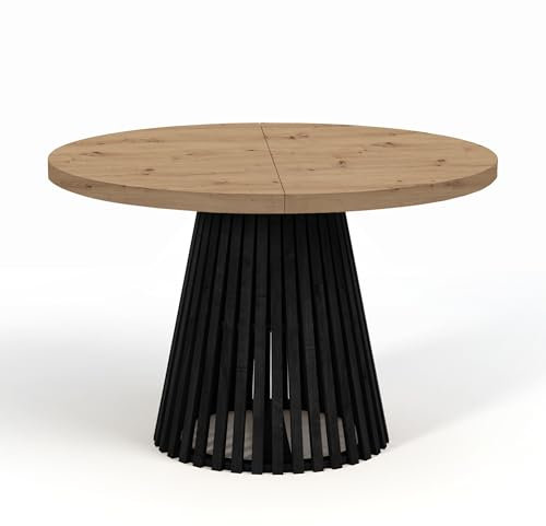 Dekori Möbel Runder Ausziehbarer Tisch für Esszimmer, Dover - Industrial/Loft Still mit Lamellenbeine, Durchmesser Varianten : von 90 bis 220 cm (Eiche Artisan/Schwarz, 110/160)