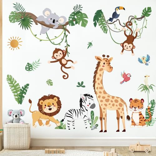wondever Wandtattoo Dschungel Tiere Reben Wandaufkleber Waldtiere Giraffe Löwe Koala Tropische Blätter für Kinderzimmer Babyzimmer Schlafzimmer