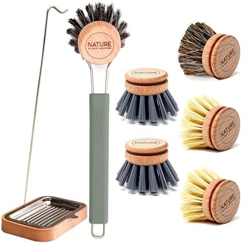 XL Spülbürste Set | Spülbürste - austauschbaren Bürstenkopf | Bürstenständer | 2X Kaktus, 2X Rosshaar, 2X. Kunststoff | nachhaltig, stilvoll abwaschen, spülen | Holz, Silikon, Edelstahl (grün)