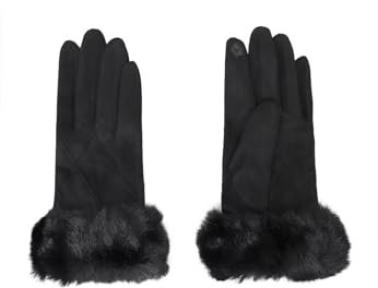 QUEEN HELENA Winterhandschuhe aus Wildleder mit weichem Fell, warm, elegant, für Damen G03-1, Schwarz , Einheitsgröße