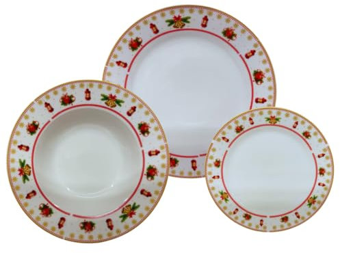 Omniacasa Servicio de platos de Navidad y Año Nuevo de porcelana resistente para 12 personas: 36 piezas, decoración con faroles y campanas, rojo, blanco y dorado, apto para lavavajillas y microondas.