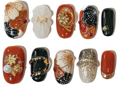 Sun&Beam Nails Handmade Press-on Short Round Red Black Gold Flower 3D Hand-Painted Design Fashion False Nail Tips 10 Pcs Set (#216 M)
