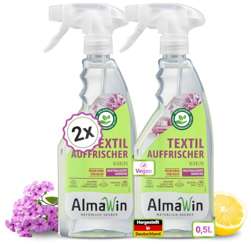 AlmaWin® Textilauffrischer [2x 500 ml], entfernt Flecken & Gerüche, vegan | Textilerfrischer & Textilspray für Kleidung, Polster & Teppiche, zum Auffrischen & Reinigen, mit Verbena-Duft