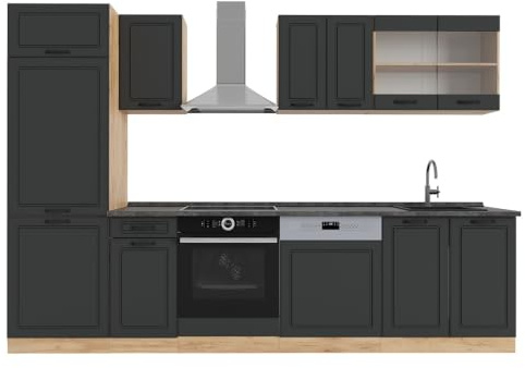 Vicco Küchenzeile R-Line, Anthrazit Landhaus/Goldkraft Eiche, 300 cm | 8 Module · Höhenverstellbare Füße · Arbeitsplatte Anthrazit · MDF-Fronten · Mit Kühlschrankumbauschrank · Frei kombinierbar