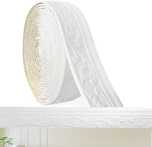 Selbstklebende Bordüre Weiß 10 Meter x 8 cm x 4 mm Zierleisten selbstklebend 3D Wandbordüre für Wände Flur Treppen