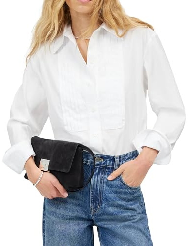 Womens White Tuxedo Button Down Shirt Pleated Bib Tops Long Sleeve Casual Blouse