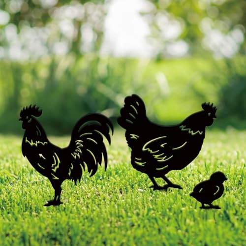 SUPERDANT 3 STK Metall Huhn Gartendekoration Metallhahn Gartenornament Gartenstecker Für Draußen Schwarze Gartendeko Küken Gartenstecker Metall Yard Art Für Bauernhof Rasen Terrasse Garten Geschenke