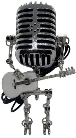 Fuhjythy Microphone Lamp - Lamp Vintage Metal Microphone Robot Desk Lamp Retro Style Household Ornaments Easy to Use White & Silver