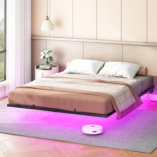 HOOBRO Bett 180 x 200 cm, Gästebett mit LED Beleuchtung und Ladestation, Bettgestell, Metallbett, Doppelbett, Bettrahmen, Einfache Montage, für Schlafzimmer, Gästezimme, Schwarz EBK024CDBF01