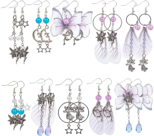 SUNNYCLUE 1 scatola Da 10 paia di Orecchini Ad Ala per Donna Orecchini Pendenti In Tessuto per Donna Libellula Farfalla Organza Viola Alla Moda Leggeri Set di Gioielli Primaverili Decorazioni per Fest