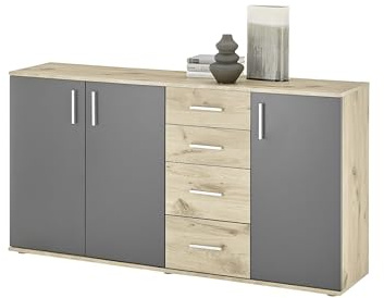 Sideboard >BC 1040< 160x84x35 cm (B/H/T), viking oak Dekor / grau, 3 Drehtüren, 4 Schubladen, melaminbeschichtet, 2 Einlegeböden, stabile Konstruktion, pflegeleicht, zerlegt geliefert, modern.