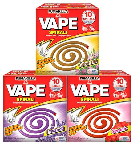 Vape Spirali Insetticida Zanzare Comuni e Tigre Efficaci 8h Profumate Geranio Lavanda e Citronella per Luogi Aperti e Semi-Aperti Presidio Medico Chirurgico - 60 Spirali Profumazioni Assortite