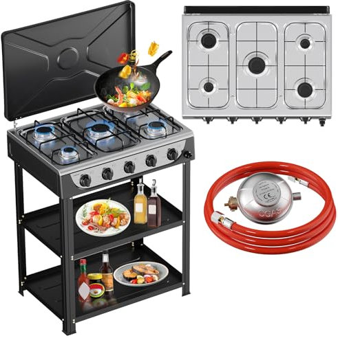 HOMELUX 7,2 KW Gaskocher Campingkocher Mit Regalen, 5 Flammig Campingkocher mit 1,5M Anschlussschlauch und Druckminderer 50 mbar