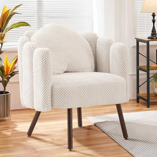 Ckaff Sessel Wohnzimmer mit Kissen, Gepolsterter Muschel Sessel mit Blütenblatt-Rückenlehne aus Bouclé, Schminktisch Stuhl Loungesessel mit Holzbeine fürs Wohnzimmer Schlafzimmer (Beige, 1 Stück)