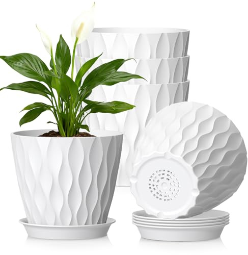 WSMKSZ 17.6cm Plant Pots Indoor Outdoor, 5 Pack Thick Flower Pots, White | Decorative Medium Plastic Planters Pots with Saucers & Drainage Holes, 3D Modern Wave Texture, for Lavender & House Plants
