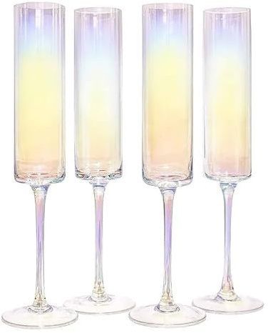 Iridescent Edge Champagne Flutes 180ml Set of 4, Crystal Prosecco Glasses | Includes Gift Box - Elegant Glassware for Sparkling Wine and Cocktails at Weddings, Engagements, Parties and Celebrations