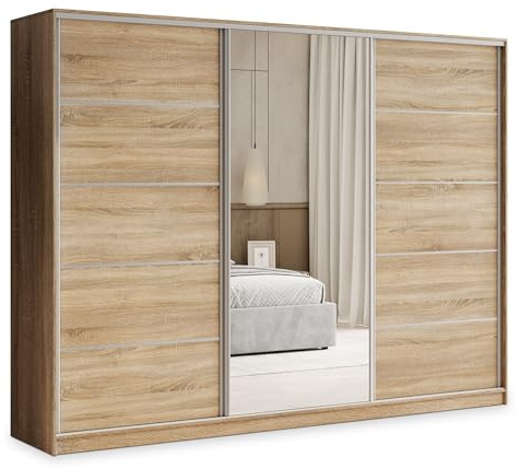 Masseno Schwebetürenschrank PINA 235/205/58 cm Kleiderschrank mit 4 Schubladen Schlafzimmer Schiebetürenschrank 3-türig mit Spiegel Sonoma Eiche