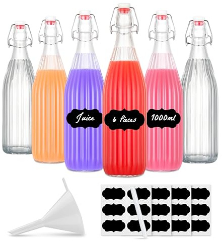 Amajoy - 6 x 1.000 ml frasco con tapa de cierre, botella de vidrio vacía con tapa para rellenar, jenever, licor, jugo, 1 litro