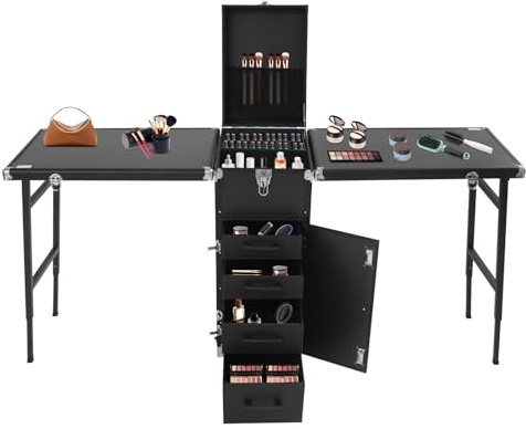 Mobiler Nageltisch Kosmetikkoffer mit 2 klappbaren Tischplatten und Professionelle Nagelbox, 4 Rollen mit Bremsen, Robust 100 kg Tragkraft, für Make-up Artist Frisör Nageldesign (Schwarz)