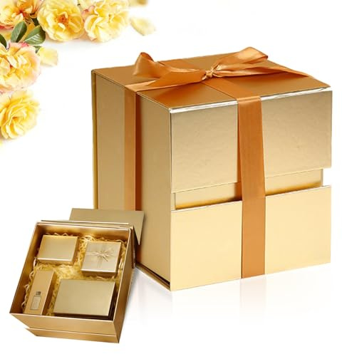 Geschenkbox 22 * 22 * 22cm Geschenkbox mit Deckel Geschenk Box mit Magnetverschluss und Geschenkband für Hochzeiten, Geburtstage, Jubiläen（Quadrat Gold）